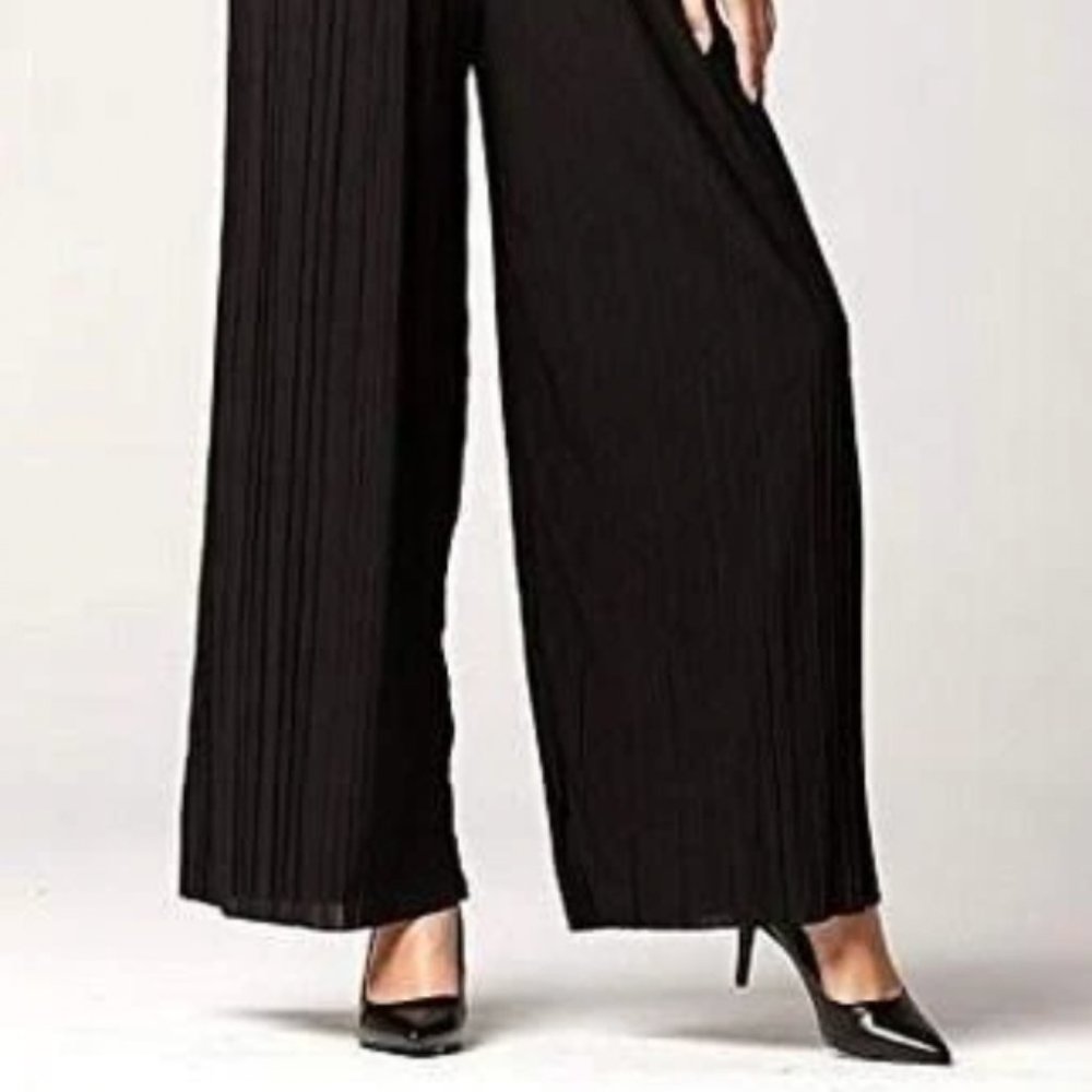 Wide Leg Pleat Pants - Black